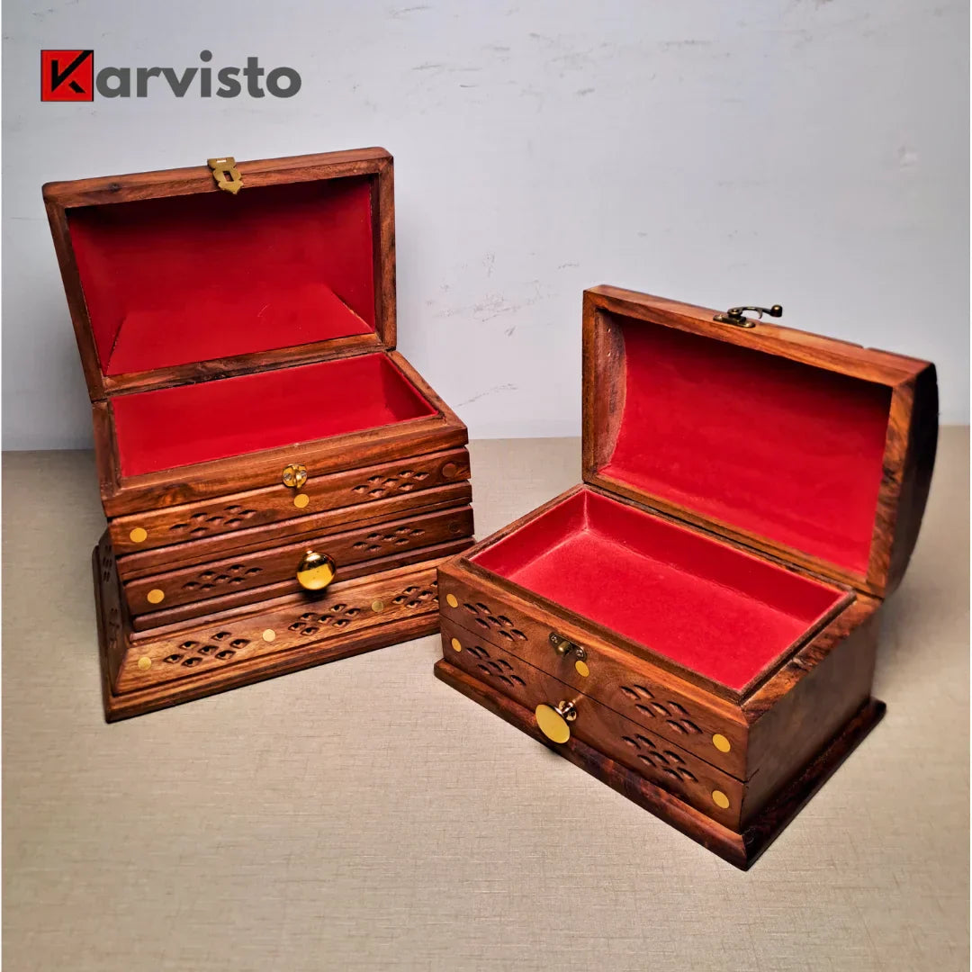 Set of 2 Hand-Carved Shesham Wood Jewelry Boxes - 9x12" and 7x10"