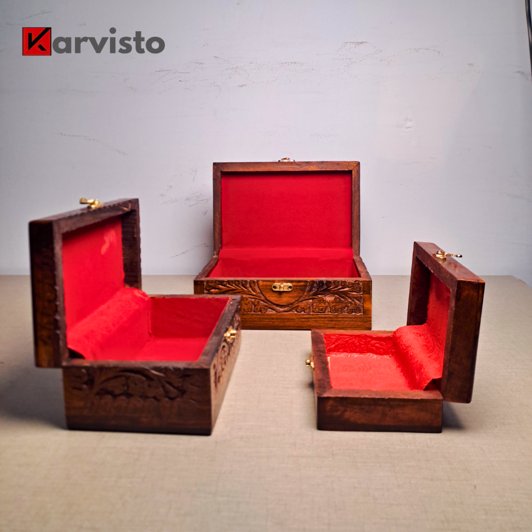 Set of 3 Hand Carved Wooden Jewelry Boxes - 6x9", 7x10", and 8x12"