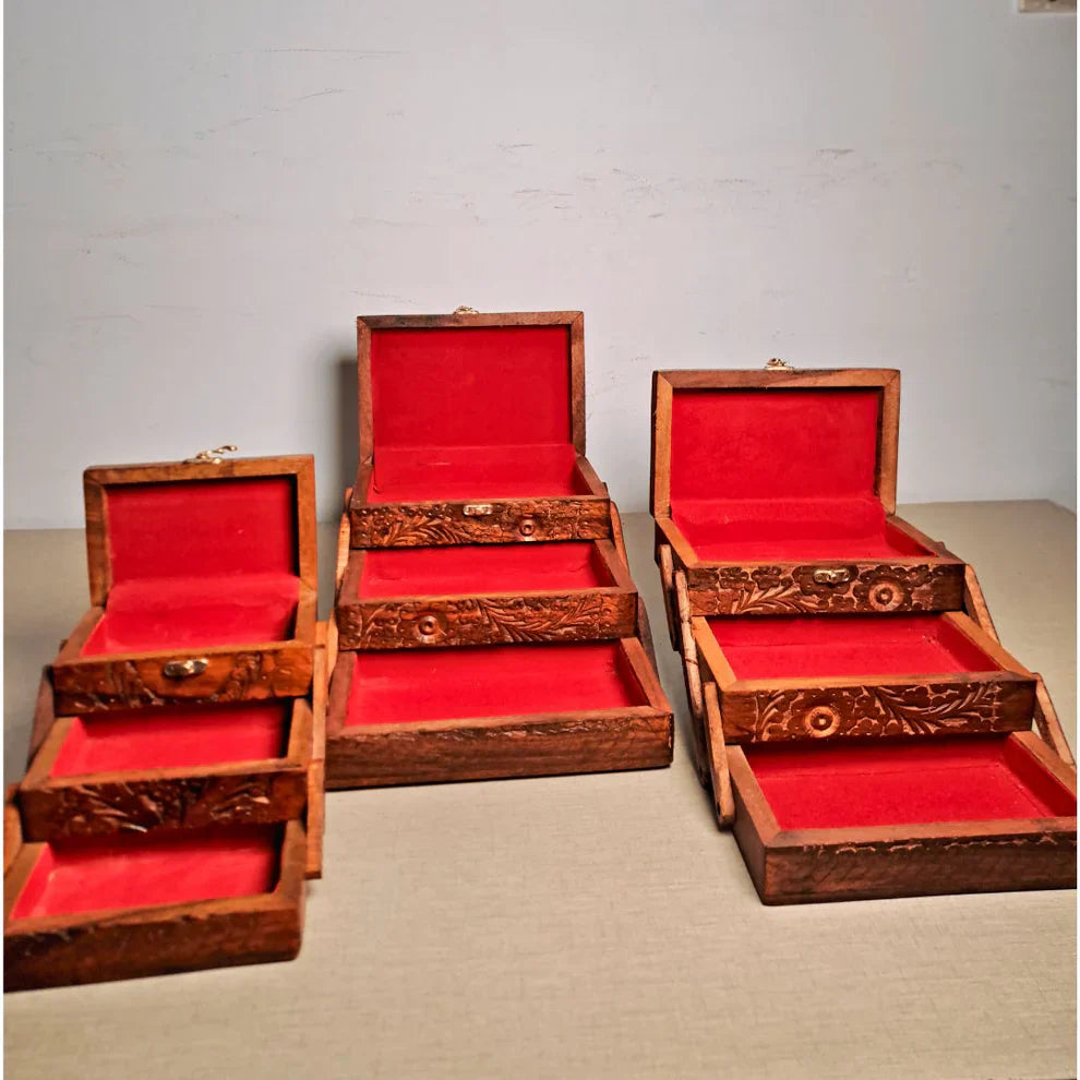 Set of 3 Hand Carved Wooden Jewelry Boxes - Timeless Elegance - Kaalza Cafts