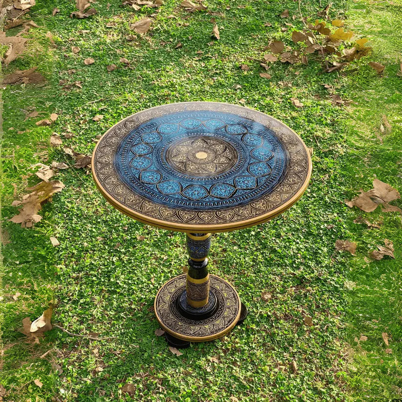 18″ Wooden Round Coffee Table – Royal Blue Naqsheen Design - Kaalza Cafts