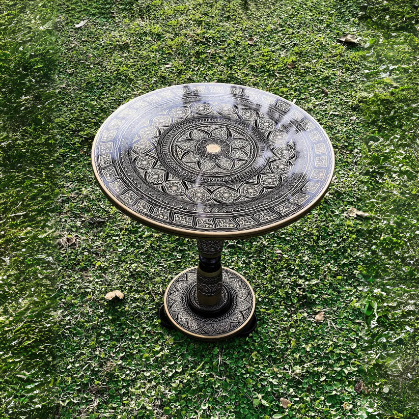18″ Wooden Round Coffee Table – Midnight Grey Naqsheen Design - Kaalza Cafts