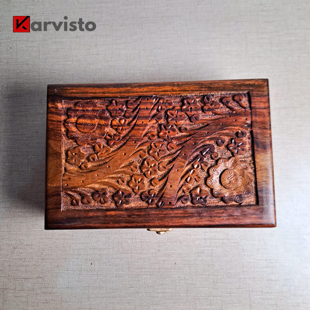 Set of 3 Hand Carved Wooden Jewelry Boxes - 6x9", 7x10", and 8x12"