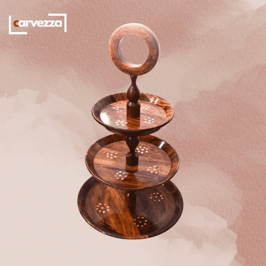 Wooden 3 Tier Round Serving Station - with Brass Engraving - Kaalza Cafts