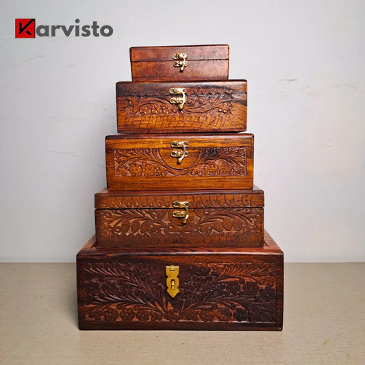 Hand Carved Wooden Jewelry Box - Kaalza Cafts