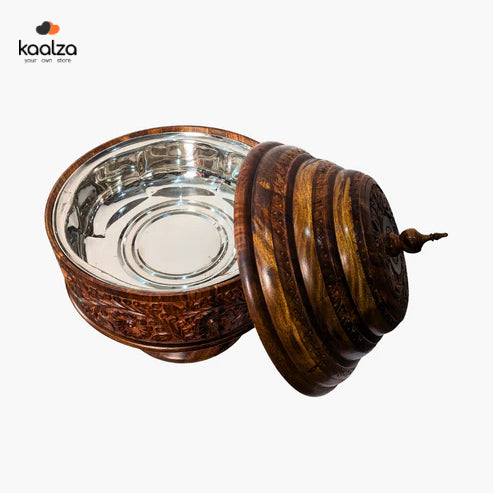Colossal Wooden Hotpot with Carving Art and Stainless Steel Bowl - Kaalza Cafts