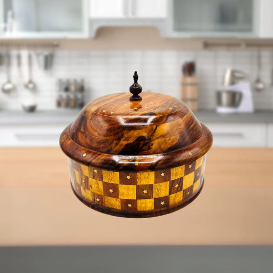 Wooden Handmade Checkered Hot Pot with Steel Bowl - Kaalza Cafts