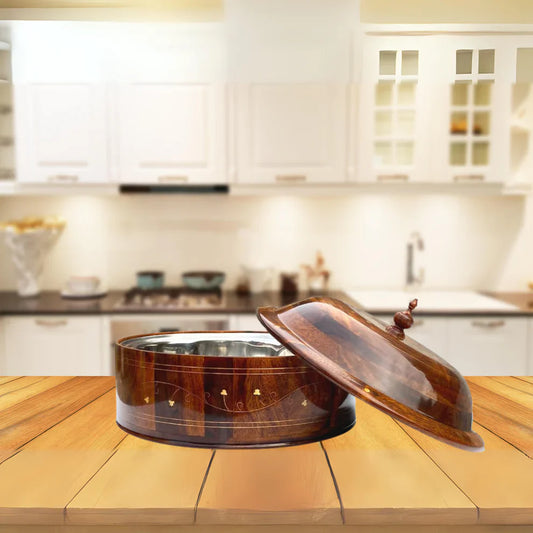 Rustic Wooden Hotpot with Intricate Brass Artistry - Kaalza Cafts