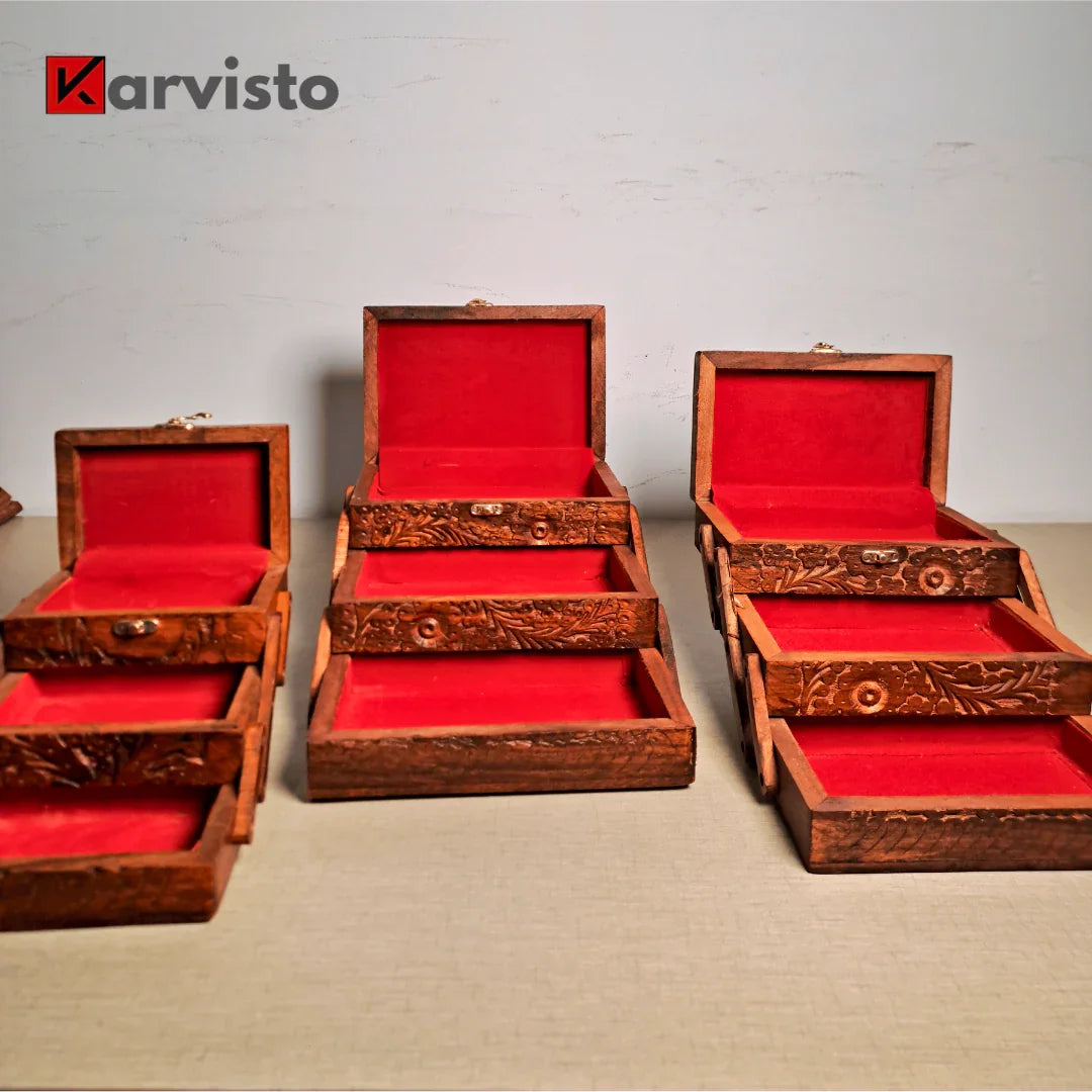 3 Portion Hand Carved Wooden Jewelry Box - Kaalza Cafts
