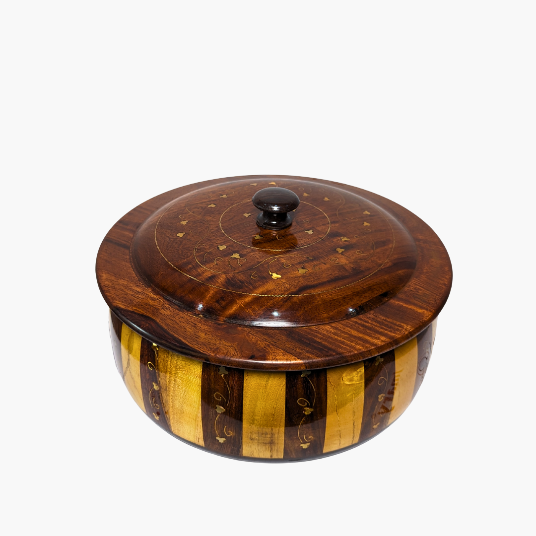 Handmade Wooden Striped Chapati Hotpot with Brass Artistry