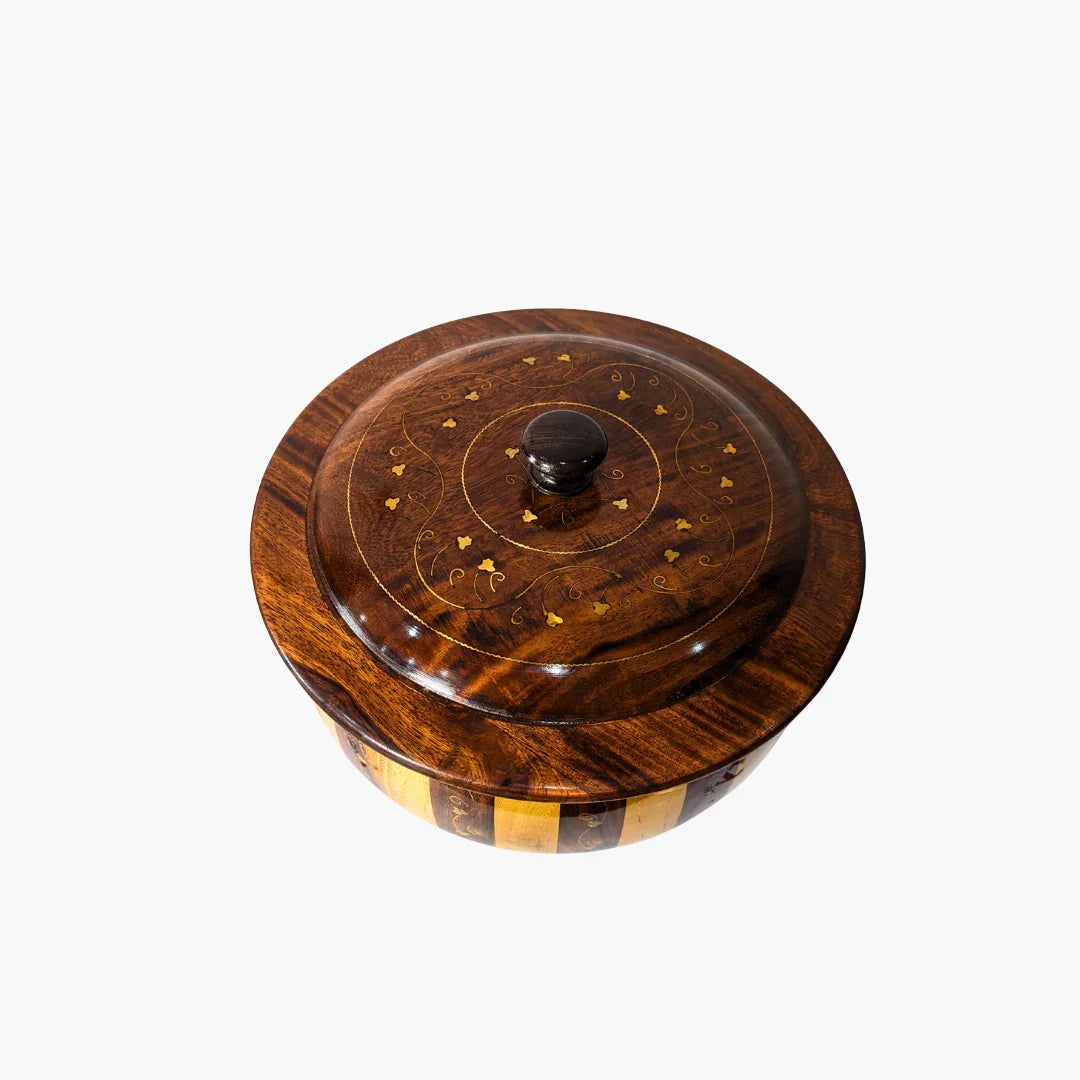 Handmade Wooden Striped Chapati Hotpot with Brass Artistry - Kaalza Cafts