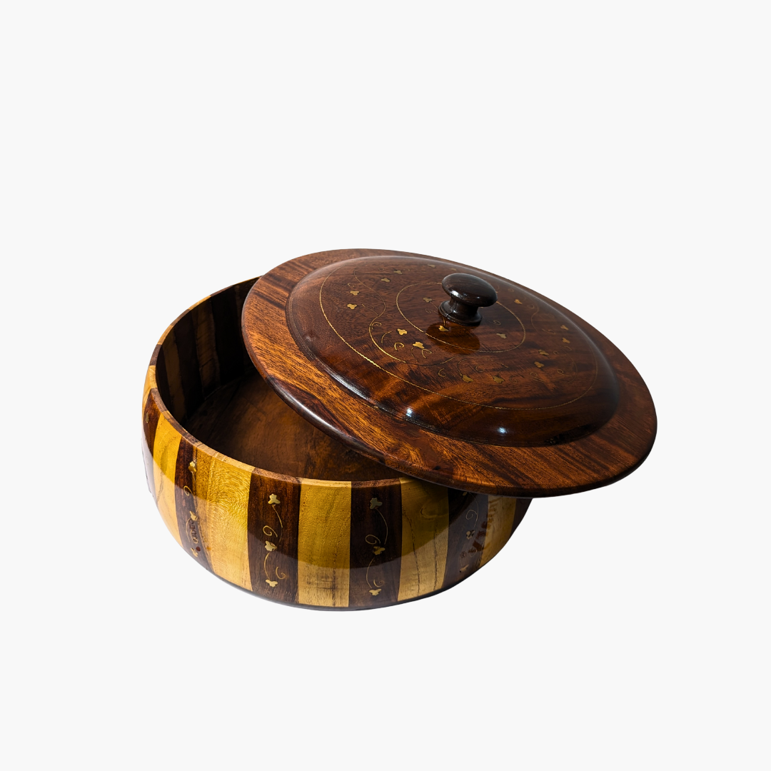 Handmade Wooden Striped Chapati Hotpot with Brass Artistry