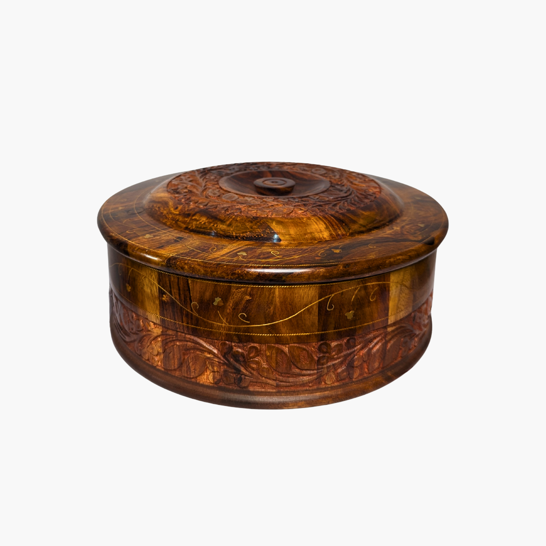 Handmade Wooden Chapati Hotpot with Carving & Brass Artwork