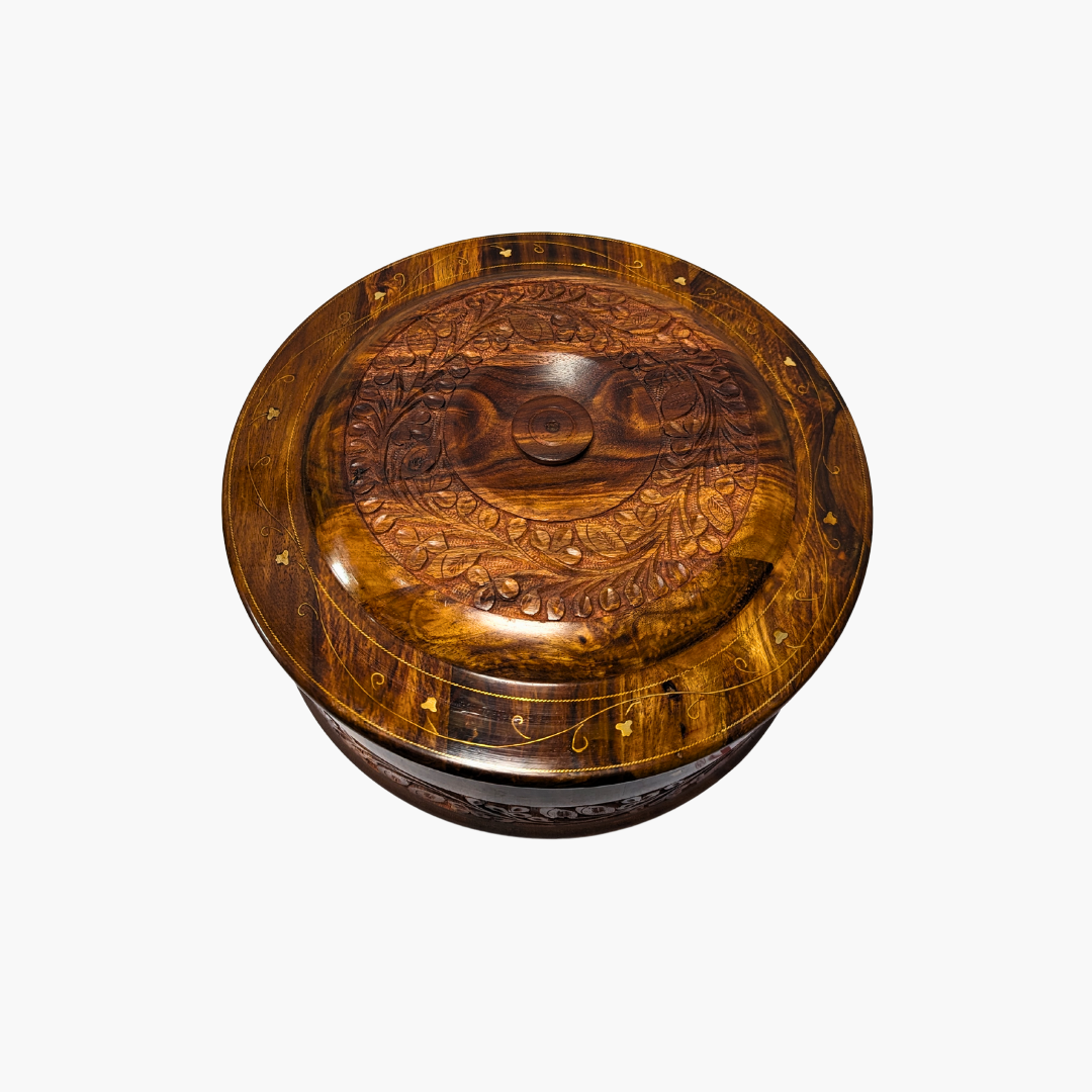 Handmade Wooden Chapati Hotpot with Carving & Brass Artwork
