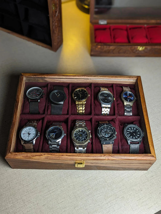 Handmade Wooden Watch Organizer Box with Glass Lid - for 10 Watches - Kaalza Cafts