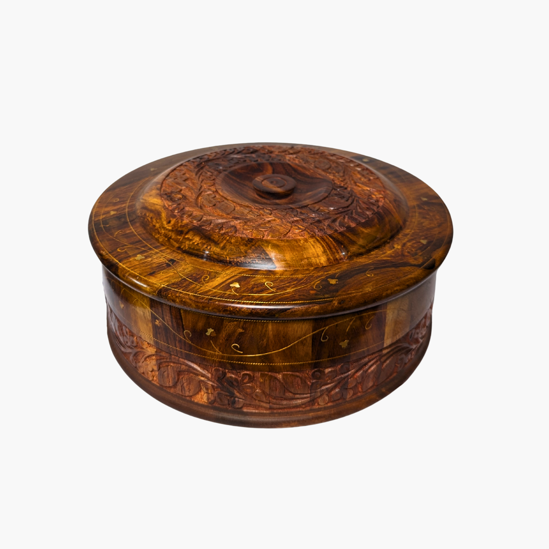 Handmade Wooden Chapati Hotpot with Carving & Brass Artwork