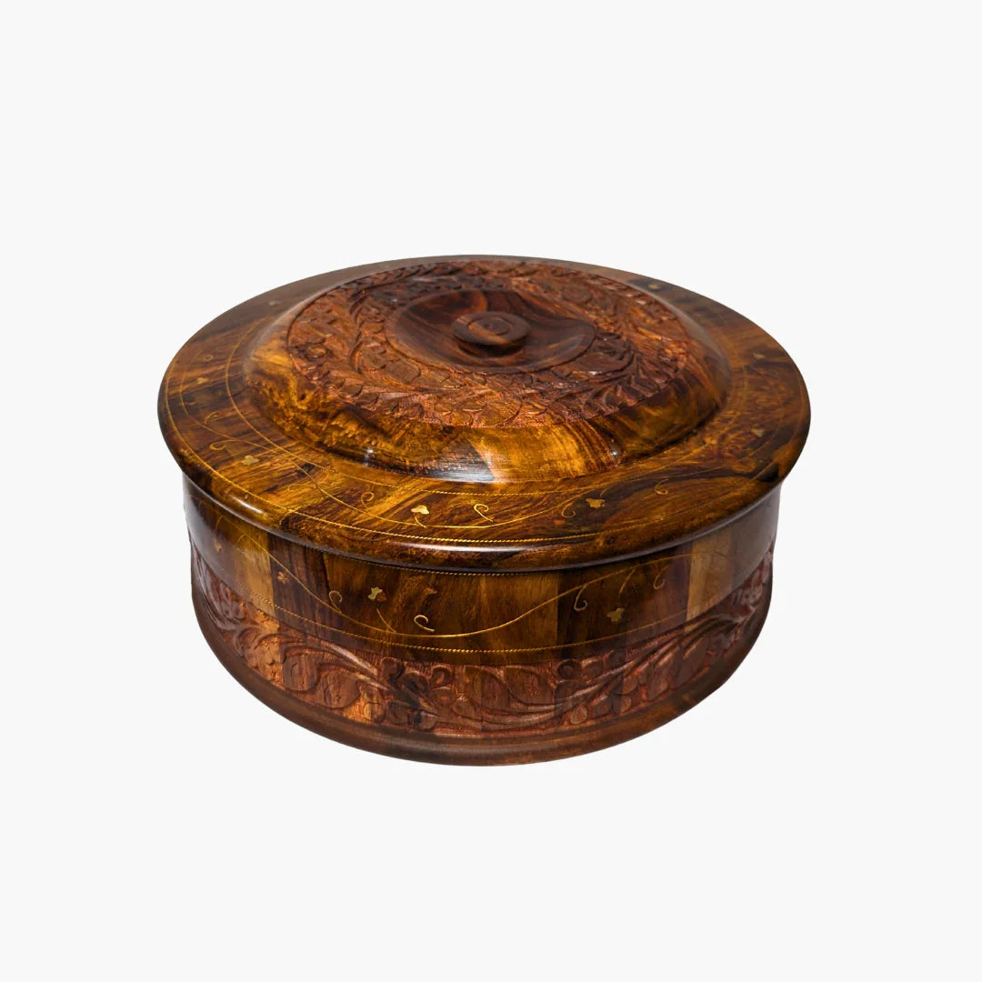 Handmade Wooden Chapati Hotpot with Carving & Brass Artwork - Kaalza Cafts