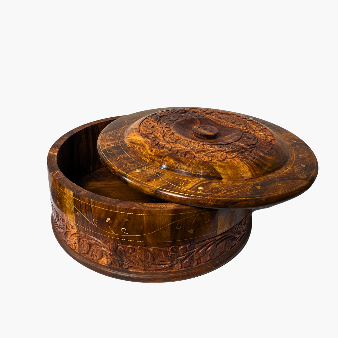 Handmade Wooden Chapati Hotpot with Carving & Brass Artwork