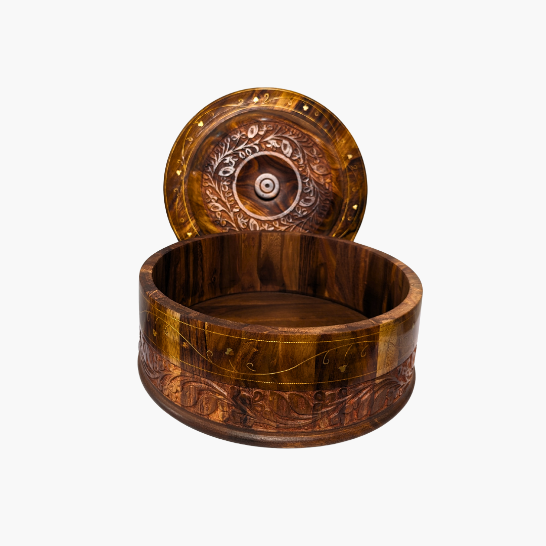 Handmade Wooden Chapati Hotpot with Carving & Brass Artwork