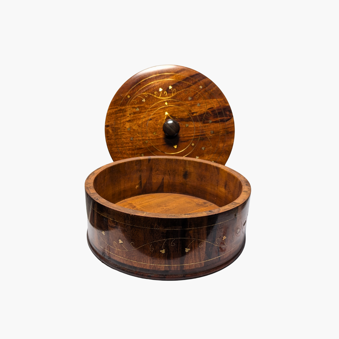 Handmade Wooden Chapati Hotpot with Brass Artwork