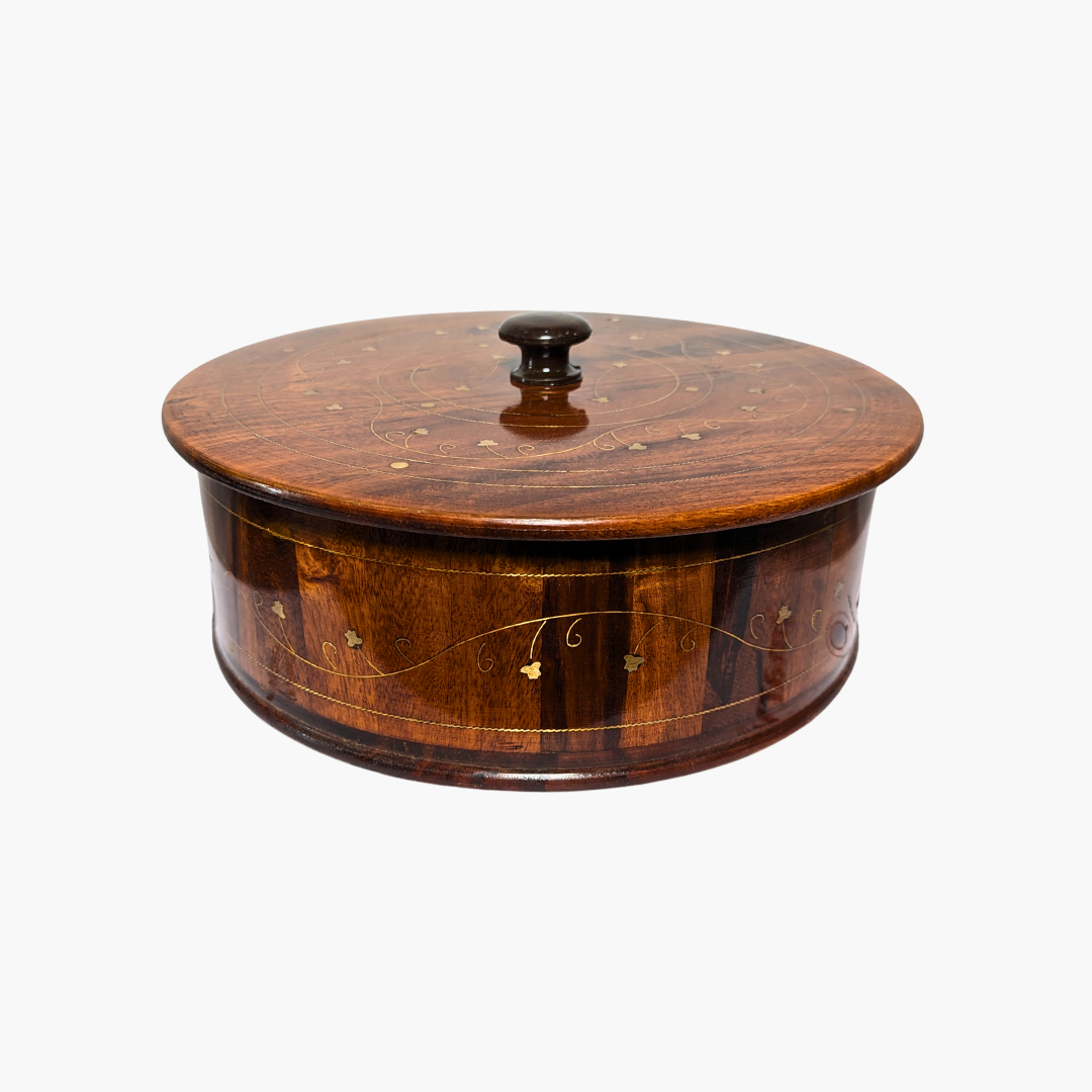 Handmade Wooden Chapati Hotpot with Brass Artwork