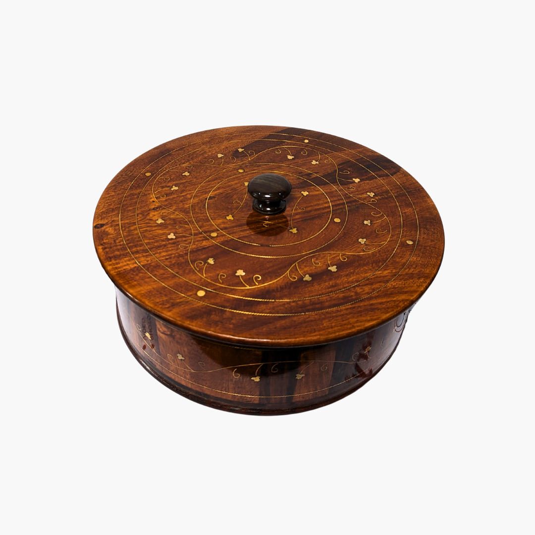 Handmade Wooden Chapati Hotpot with Brass Artwork
