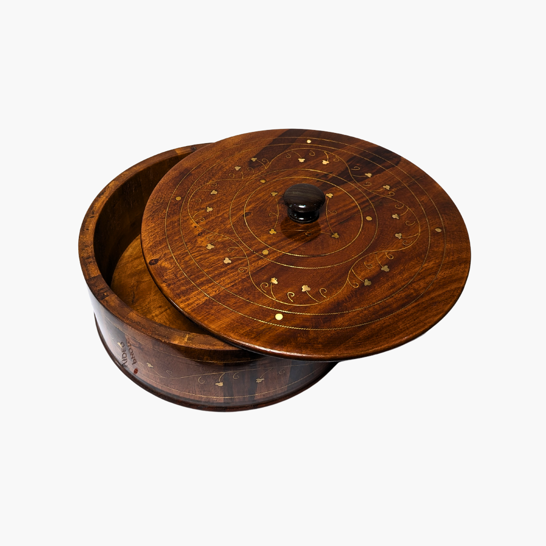 Handmade Wooden Chapati Hotpot with Brass Artwork