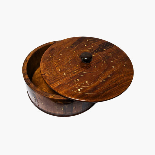 Handmade Wooden Chapati Hotpot with Brass Artwork - Kaalza Cafts