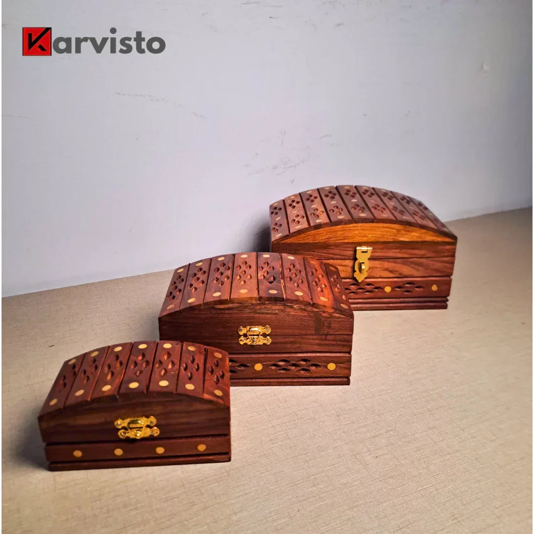 Set of 3 Wooden Jewelry Boxes "Heritage Chest Trio" - Kaalza Cafts