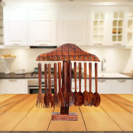 Wooden Spoon & Fork Set with Stand - Kaalza Cafts
