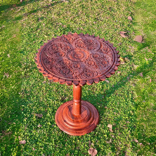 18″ Wooden Round Corner Table – Carving Art - Kaalza Cafts