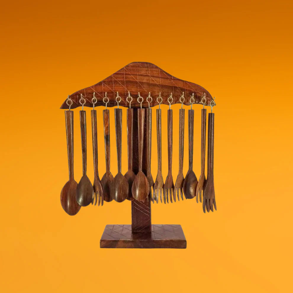 Wooden Spoon & Fork Set with Stand - Kaalza Cafts