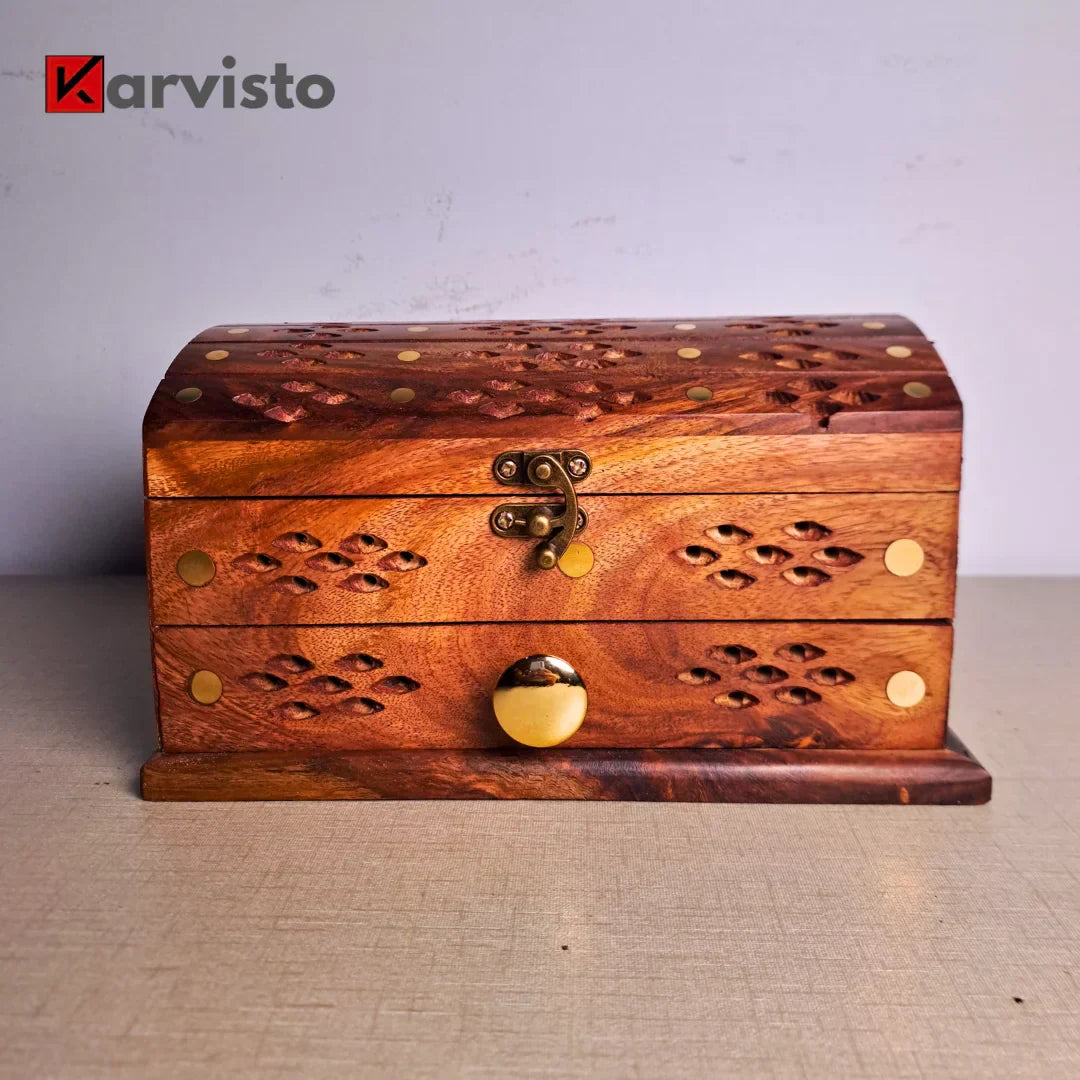 Set of 2 Hand-Carved Shesham Wood Jewelry Boxes - 9x12" and 7x10"