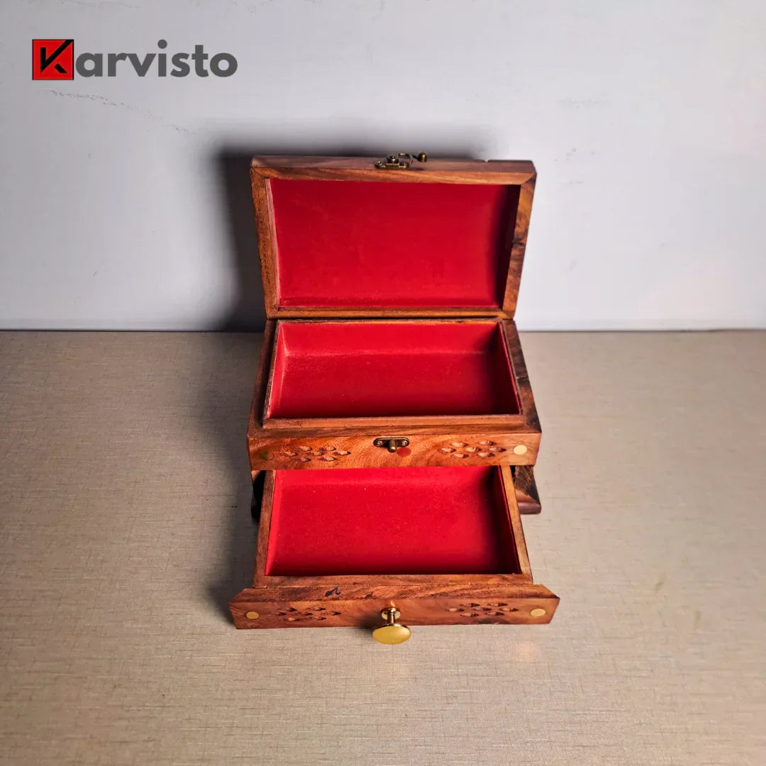 Set of 2 Hand-Carved Shesham Wood Jewelry Boxes - 9x12" and 7x10"