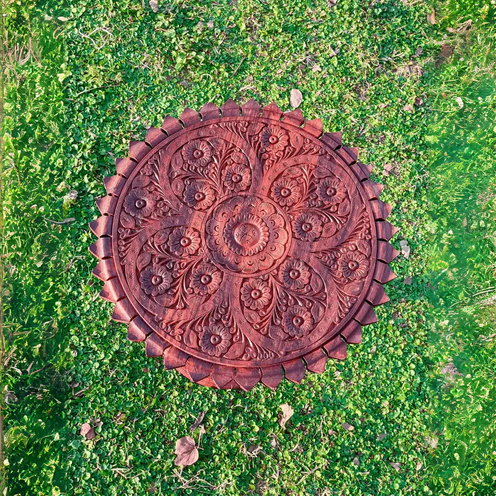 18″ Wooden Round Corner Table – Carving Art - Kaalza Cafts