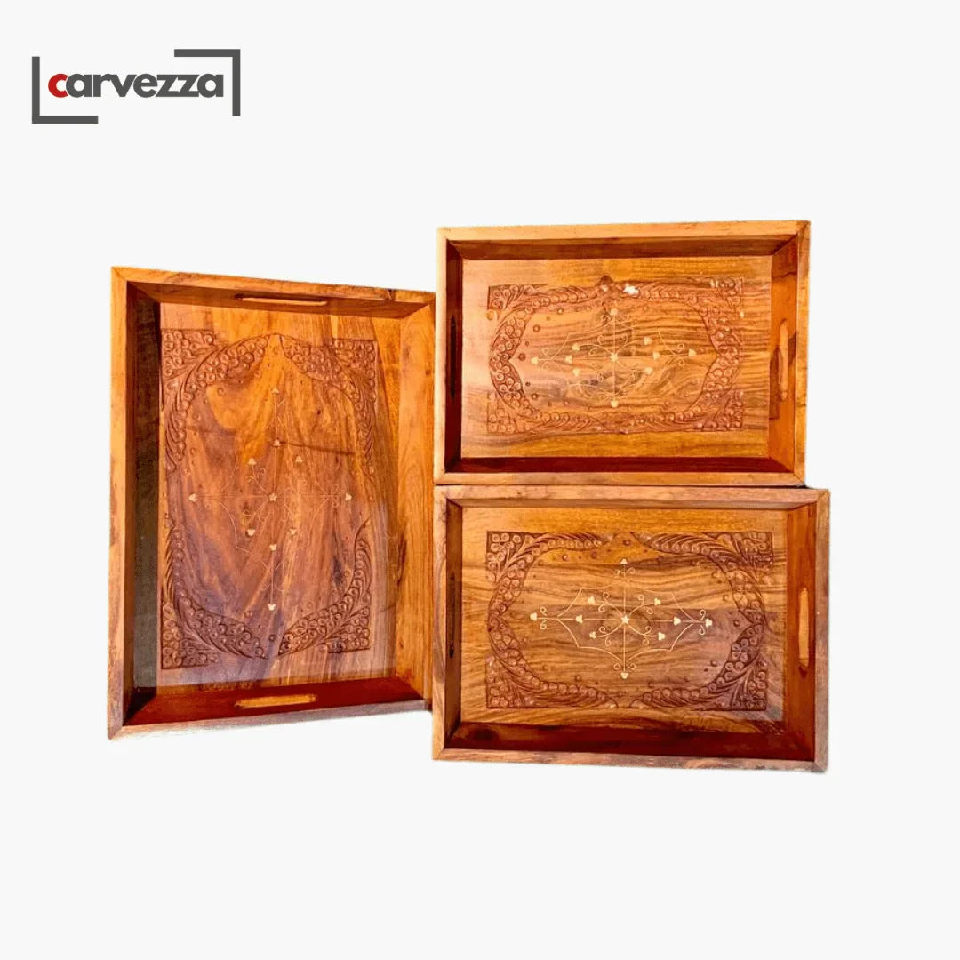 Hand Carved Wooden Tray Set (3 Trays)