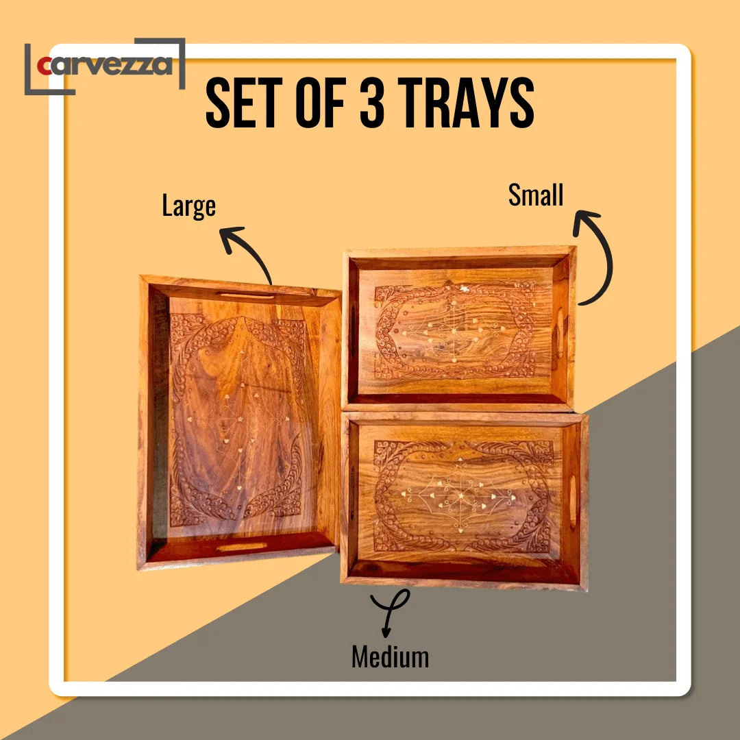 Hand Carved Wooden Tray Set (3 Trays)