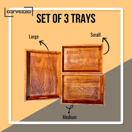 Hand Carved Wooden Tray Set (3 Trays) - Kaalza Cafts