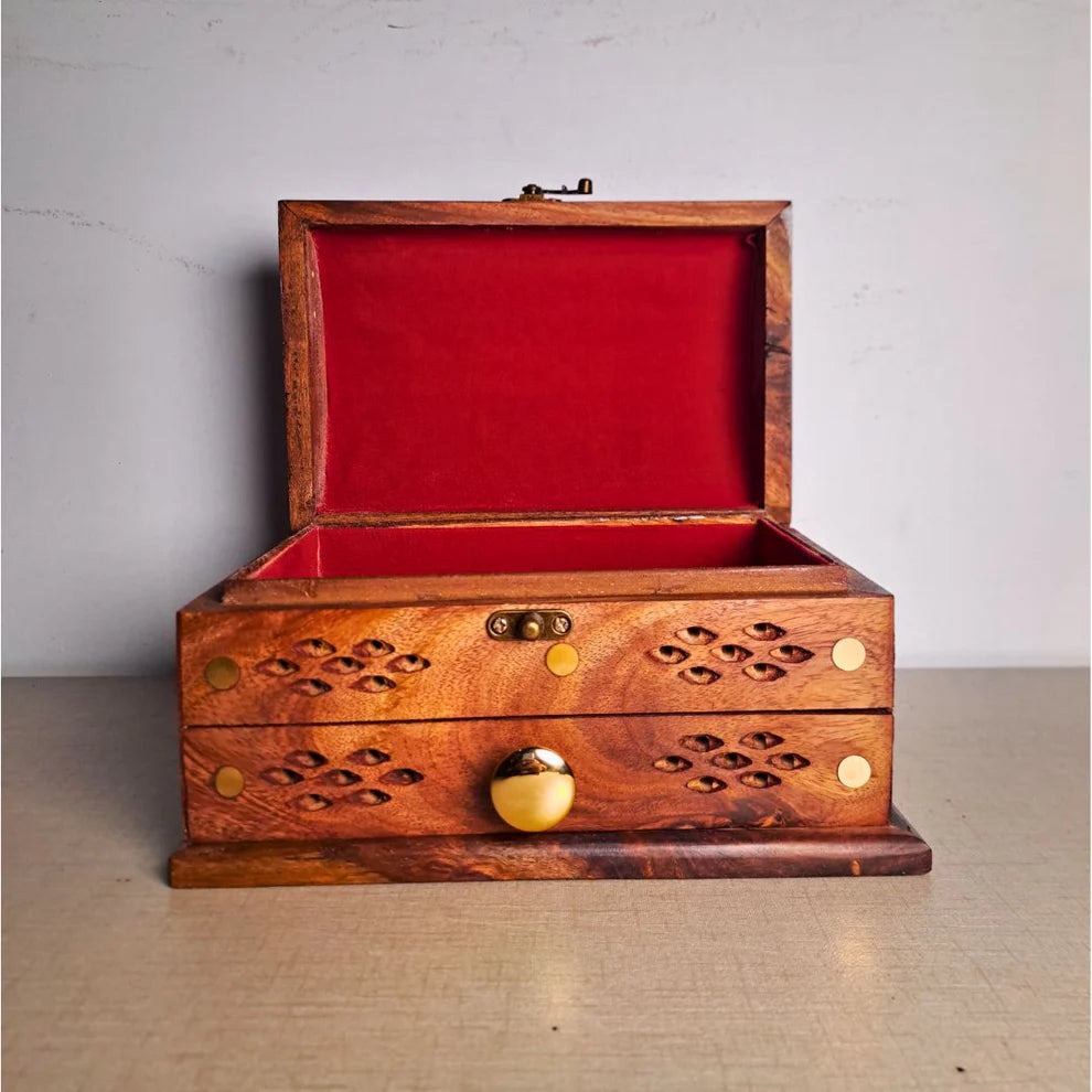 Hand-Carved Shesham Wood Jewelry Box with Drawer - 7x10 Inches