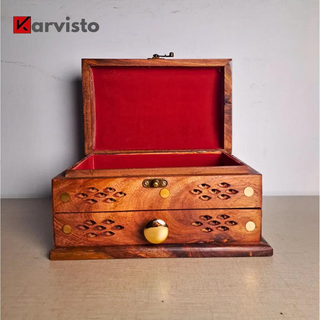 Set of 2 Hand-Carved Shesham Wood Jewelry Boxes - 9x12" and 7x10"