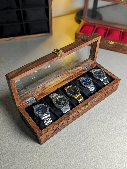 Handmade Wooden Watch Organizer Box with Glass Lid & Carving Art - for 5 Watches - Kaalza Cafts