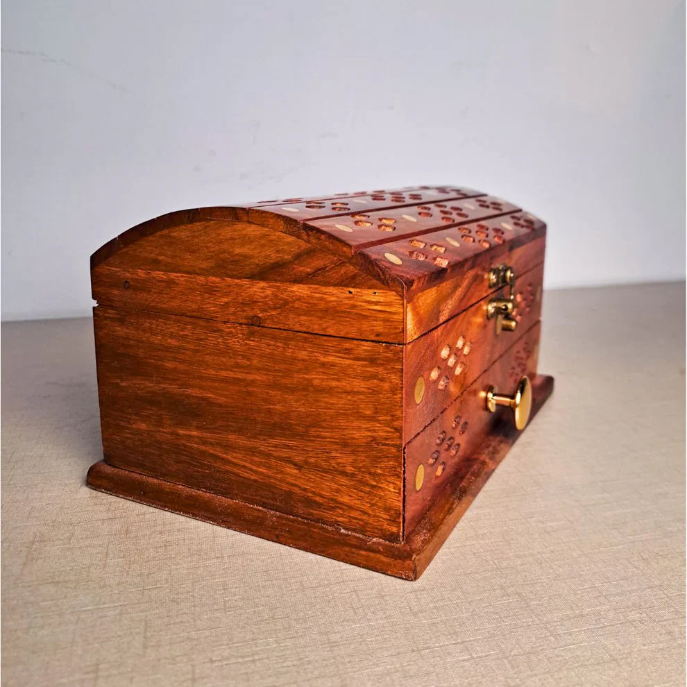 Hand-Carved Shesham Wood Jewelry Box with Drawer - 7x10 Inches - Kaalza Cafts
