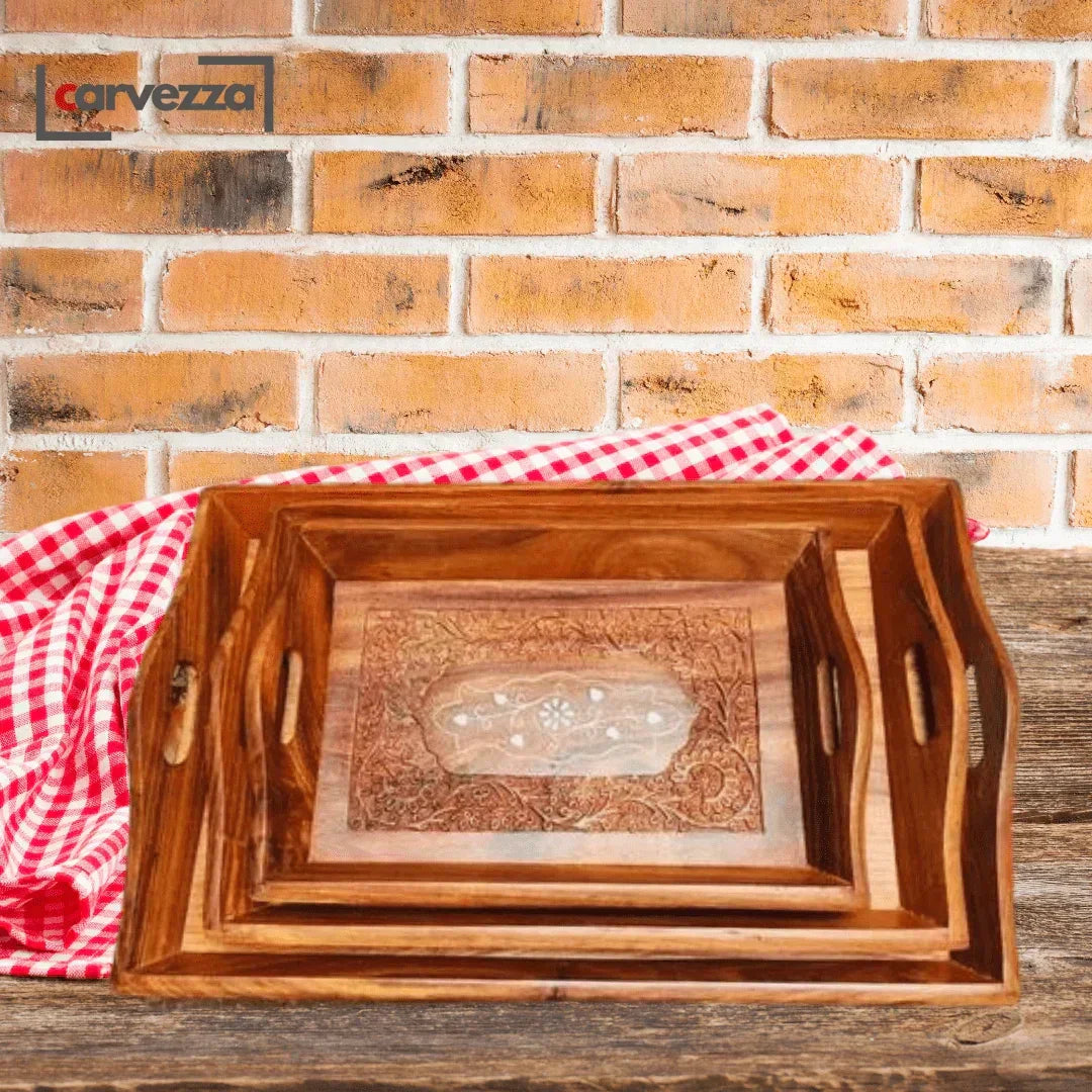 Hand Carved Wooden Tray Set (3 Trays) - Kaalza Cafts