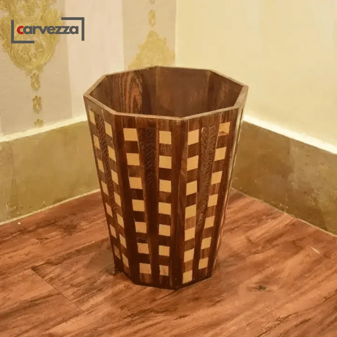 Wooden Checkered Dustbin - Kaalza Cafts