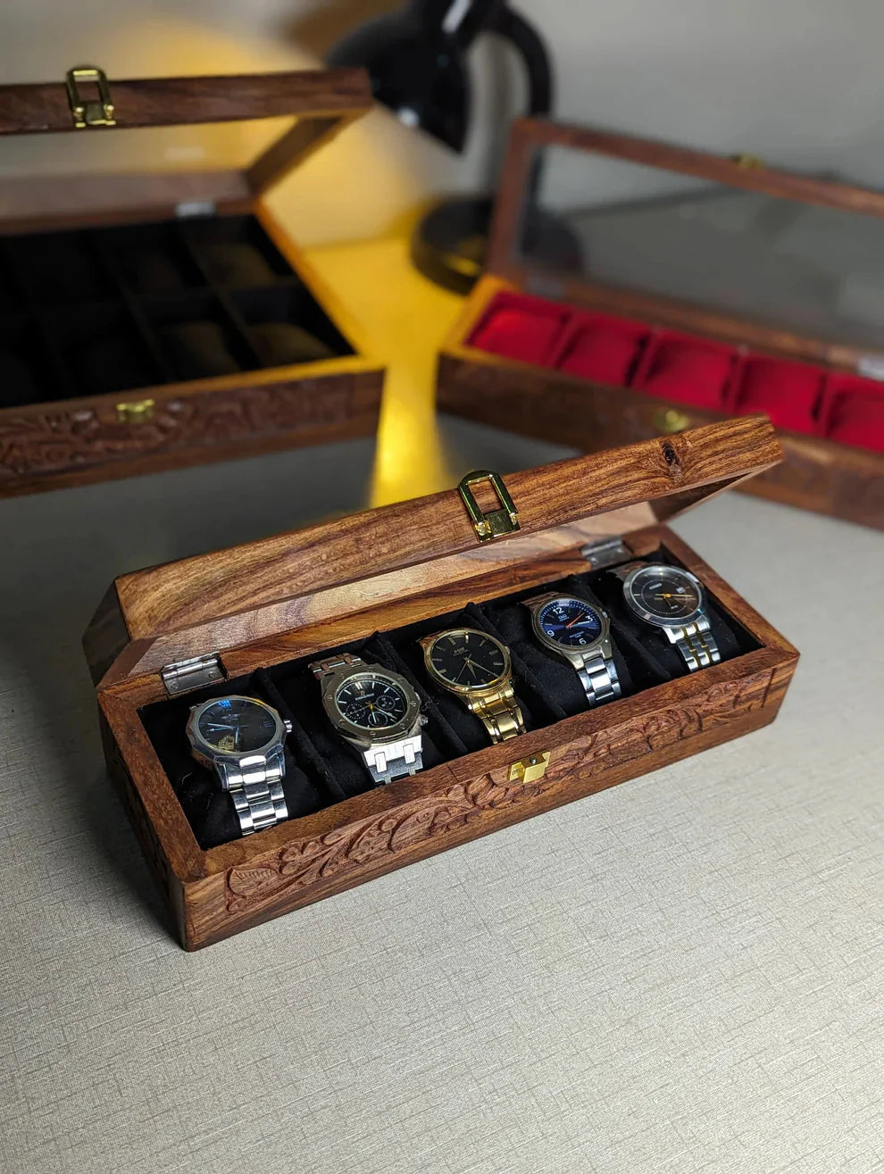 Handmade Wooden Watch Organizer Box with Glass Lid & Carving Art - for 5 Watches - Kaalza Cafts