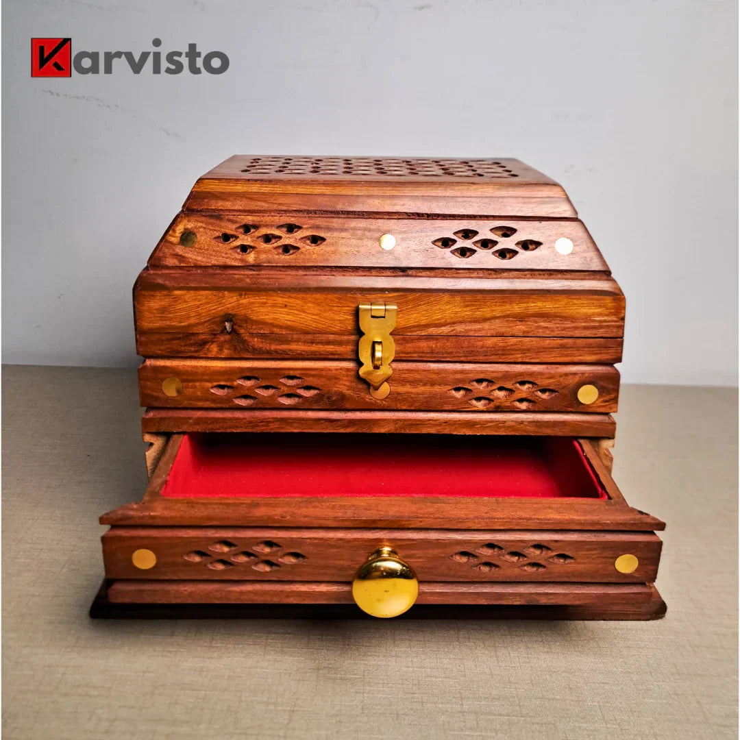Set of 2 Hand-Carved Shesham Wood Jewelry Boxes - 9x12" and 7x10"