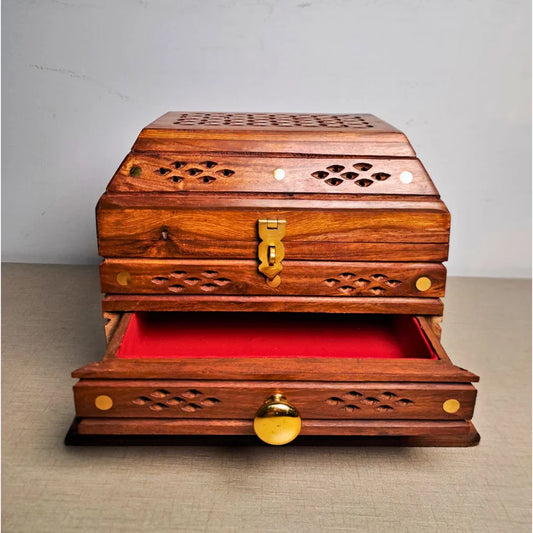 Hand-Carved Shesham Wood Jewelry Box with Drawer - 9x12 Inches - Kaalza Cafts