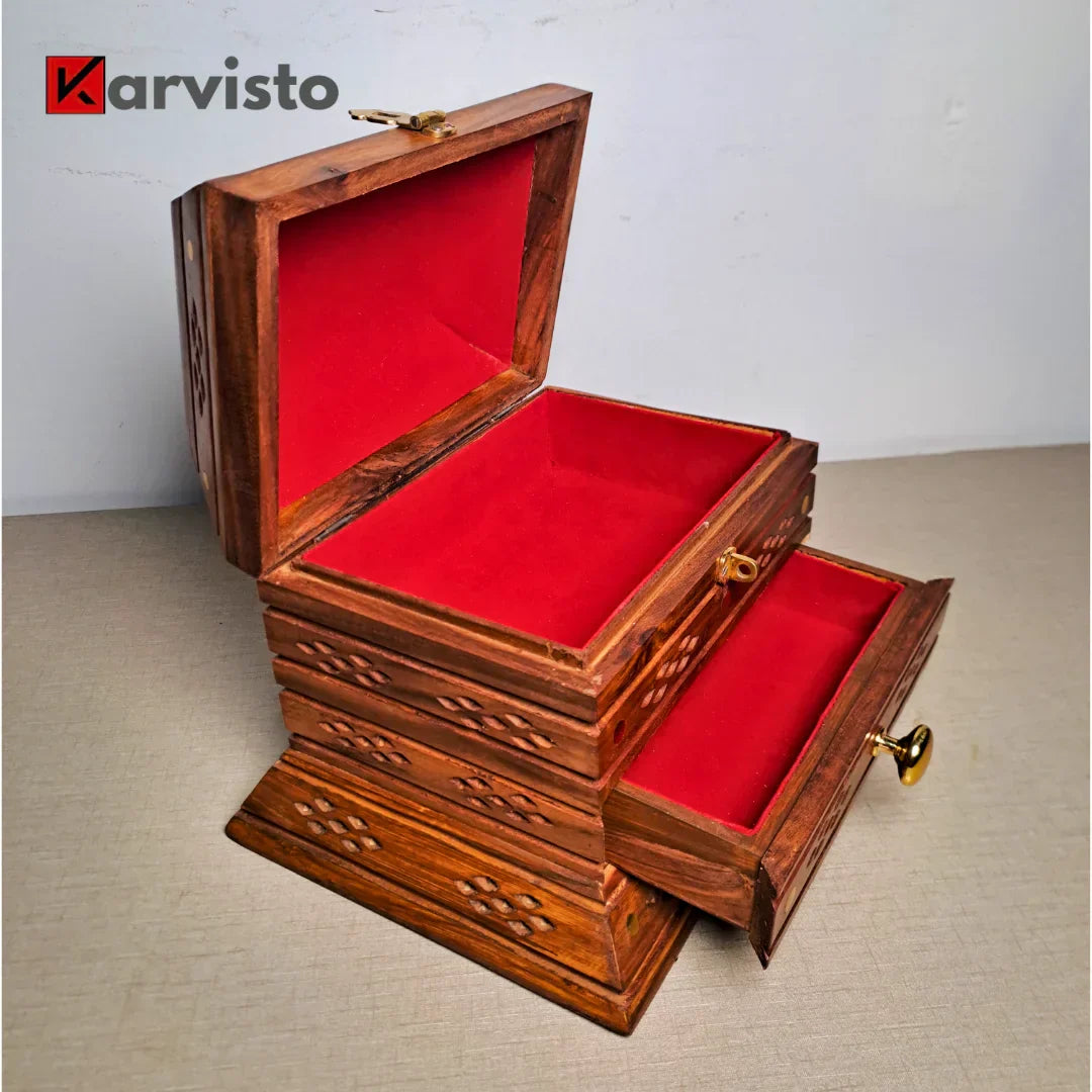 Set of 2 Hand-Carved Shesham Wood Jewelry Boxes - 9x12" and 7x10"