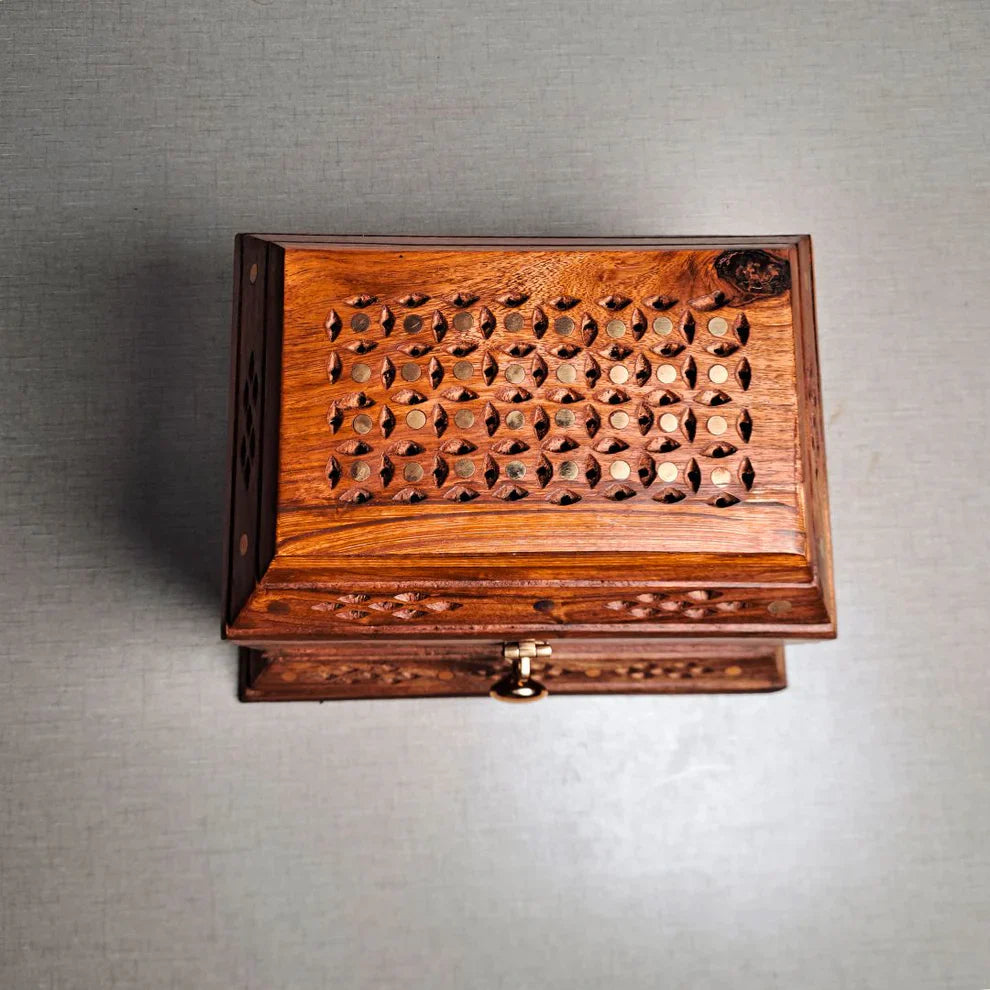 Hand-Carved Shesham Wood Jewelry Box with Drawer - 9x12 Inches - Kaalza Cafts