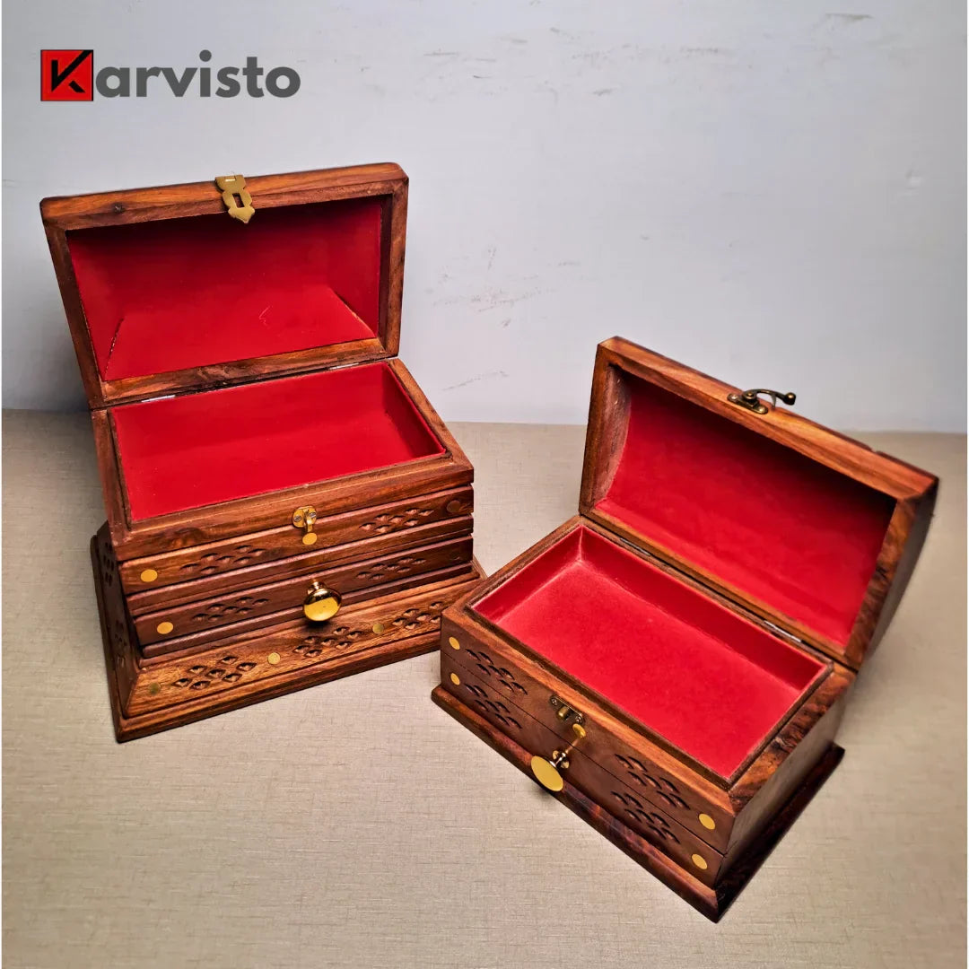 Set of 2 Hand-Carved Shesham Wood Jewelry Boxes - 9x12" and 7x10"