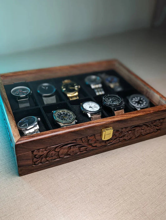 Handmade Wooden Watch Organizer Box with Glass Lid & Carving Art - for 10 Watches - Kaalza Cafts